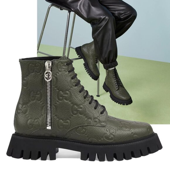 GUCCI BOOTS MENS ANKLE GREEN GG LOGO LEATHER ZIPPER LACE-UP sz 10 10.5 - Picture 1 of 16